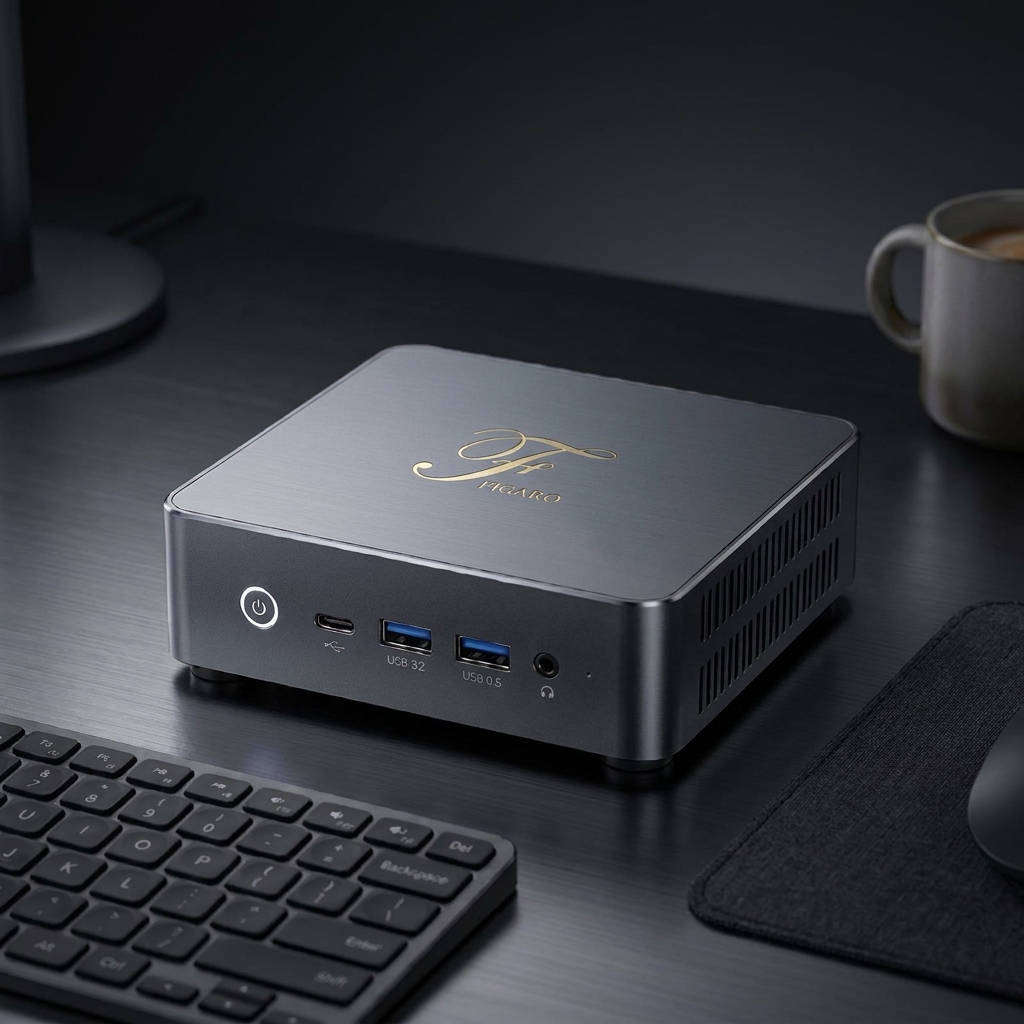 Figaro Home — a small metal mini PC on a desk, gold emblem on the lid