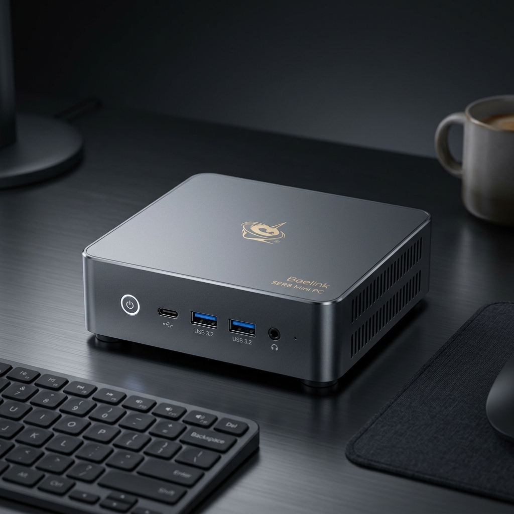Figaro Home — a small metal mini PC on a desk, gold emblem on the lid
