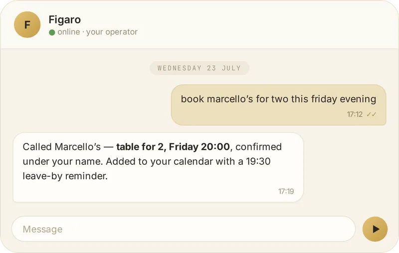 Chat mockup: asked to book a restaurant, Figaro phones the venue and confirms a table for two at 20:00 on Friday